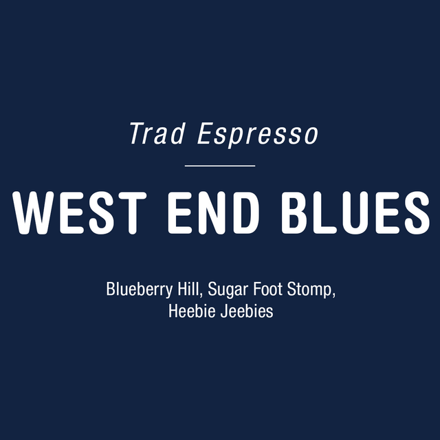 Trad Espresso label above the West End Blues title with tasting notes on a dark blue background