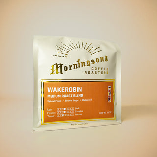 Wakerobin Filter coffee bag with sunburst design and orange label reading Medium Roast Blend