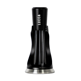Front view of LUCCA WDT Tool showing eight needles and the LUCCA logo on the black handle.