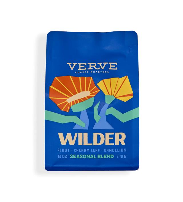 Verve Wilder Seasonal Blend coffee bag in vivid blue with bold WILDER and notes of pluot cherry leaf and dandelion.