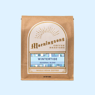 Wintertide Seasonal Blend coffee bag with blue decorative label