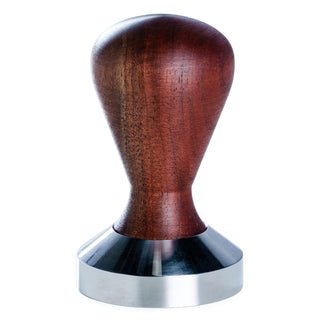 Wood tamper with dark wooden handle and stainless steel base