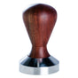 Wood tamper with dark wooden handle and stainless steel base