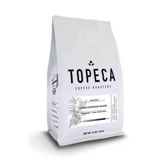 Topeca Coffee Roasters Zingo Espresso Blend bag with bold TOPECA logo and botanical label