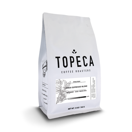 Topeca Coffee Roasters Zingo Espresso Blend bag with bold TOPECA logo and botanical label