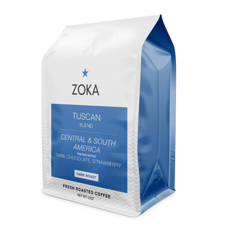 Zoka Tuscan blend coffee bag with white body and blue label on a white background