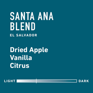 Santa Ana Blend title on a teal banner with El Salvador text in large white letters