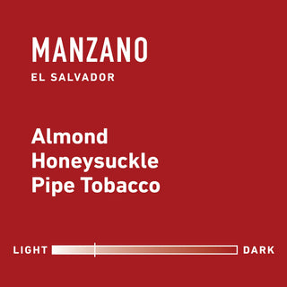 El Salvador El Manzano coffee label on a red panel with white text and decorative graphics