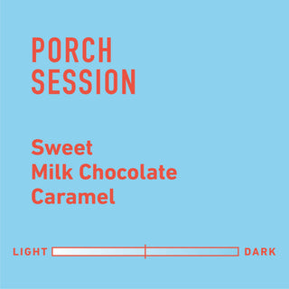 Porch Session Blend coffee bag angled view with blue label and large Porch Session text