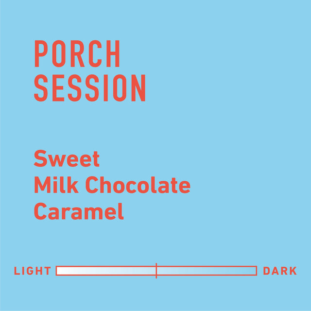 Porch Session Blend coffee bag angled view with blue label and large Porch Session text