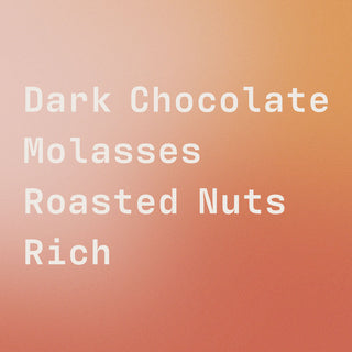 Flavor notes graphic for Aldo's coffee featuring Dark Chocolate Molasses Roasted Nuts Rich on a warm gradient background