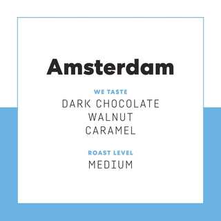 Amsterdam poster with bold black Amsterdam text on white background framed in light blue