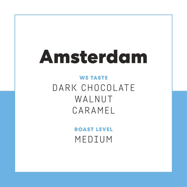 Amsterdam poster with bold black Amsterdam text on white background framed in light blue