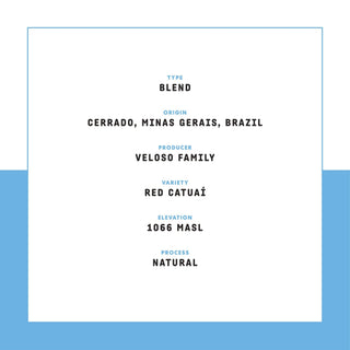 Blend label on white panel with blue accents showing origin Cerrado Minas Gerais Brazil