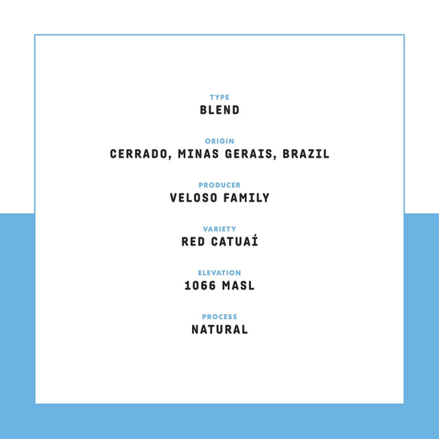 Blend label on white panel with blue accents showing origin Cerrado Minas Gerais Brazil