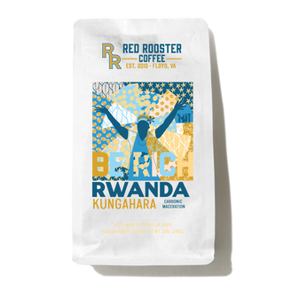 Rwanda Kungahara carbonic maceration coffee bag with Red Rooster Coffee logo and colorful artwork