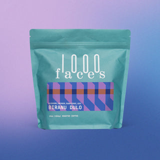Teal Biranu Dulo coffee bag by 1000 Faces with a purple geometric label against a pink to blue gradient.