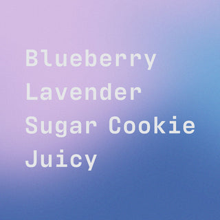 Flavor panel reading Blueberry Lavender Sugar Cookie Juicy on a lavender to blue gradient background.