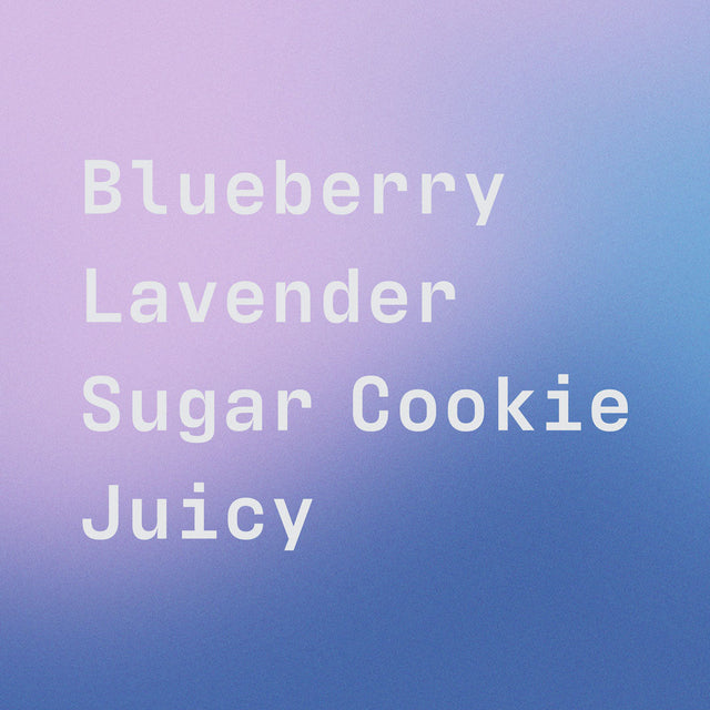Flavor panel reading Blueberry Lavender Sugar Cookie Juicy on a lavender to blue gradient background.