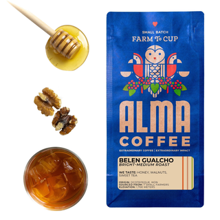 Belen Gualcho bright medium roast Alma Coffee bag with honey and walnuts beside it