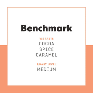 Poster showing Benchmark tasting notes with cocoa spice and roast level on a white page framed by peach border