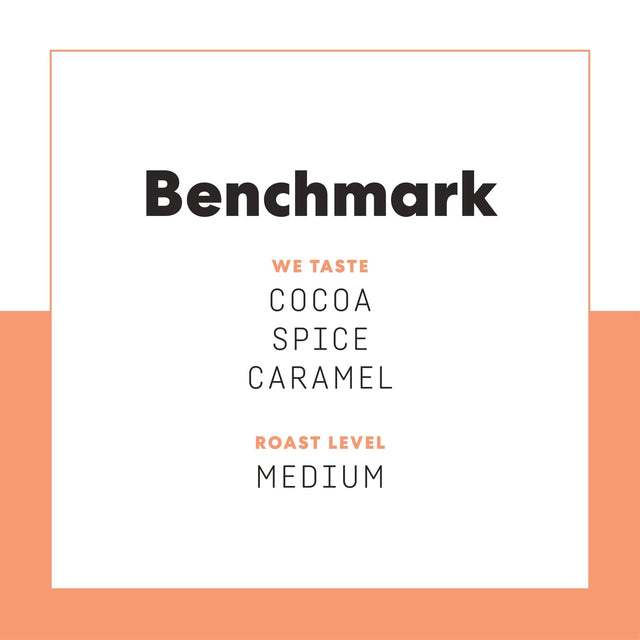 Poster showing Benchmark tasting notes with cocoa spice and roast level on a white page framed by peach border
