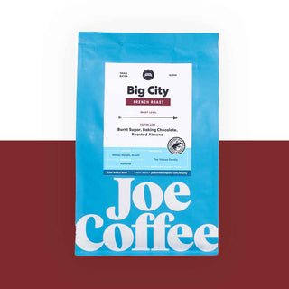 Blue Big City coffee bag with white label and bold Joe Coffee typography