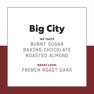 Poster style product header reading Big City with a burgundy border and tasting notes burnt sugar roasted almond