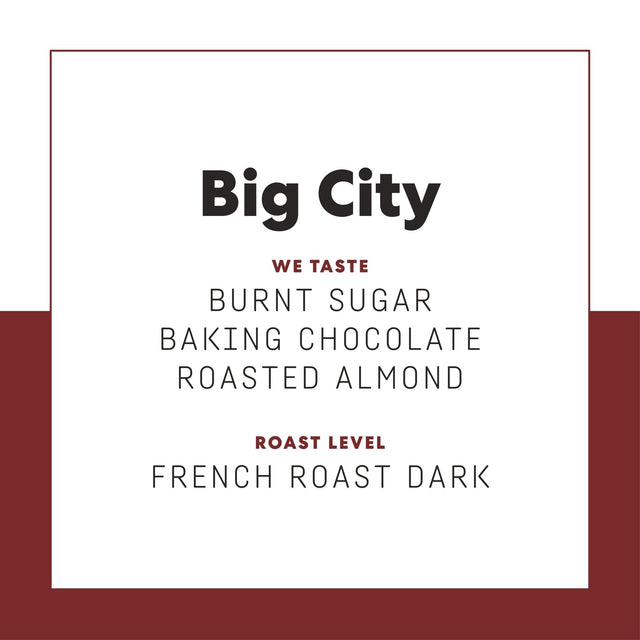 Poster style product header reading Big City with a burgundy border and tasting notes burnt sugar roasted almond
