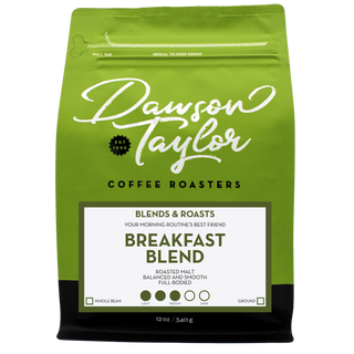 Bright green Breakfast Blend bag with white label displaying BREAKFAST BLEND