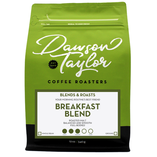 Bright green Breakfast Blend bag with white label displaying BREAKFAST BLEND