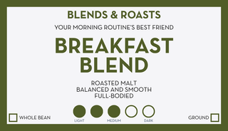 Breakfast Blend coffee bag featuring a white blends & roasts card with Breakfast Blend label