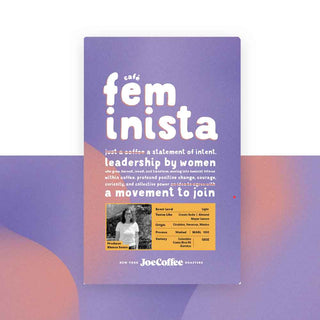 Cafe Feminista Blanca Suazo poster with purple cover and a yellow information panel