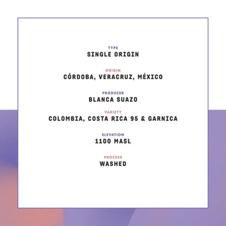 Single Origin section of the Café Feminista poster listing Córdoba Veracruz Mexico and producer Blanca Suazo.