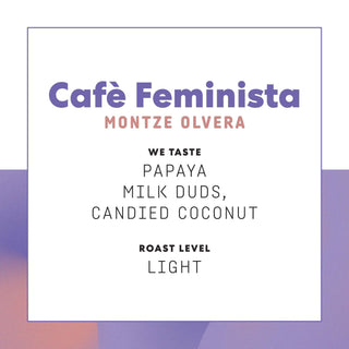 Café Feminista promotional page framed by a purple border featuring bold title and Montze Olvera name