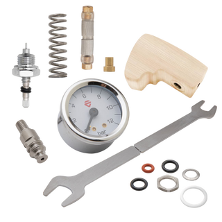 Lelit Mara X flow control kit components arranged on a gray background including gauge and wrench