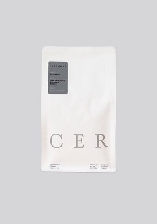 Antithesis espresso blend bag from Ceremony Coffee Roasters with minimalist white packaging and a gray label.