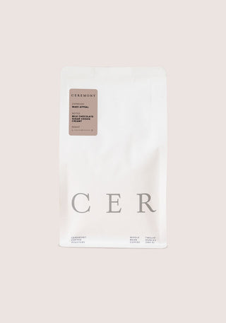 Mass Appeal coffee bag from Ceremony with large CER lettering on white packaging