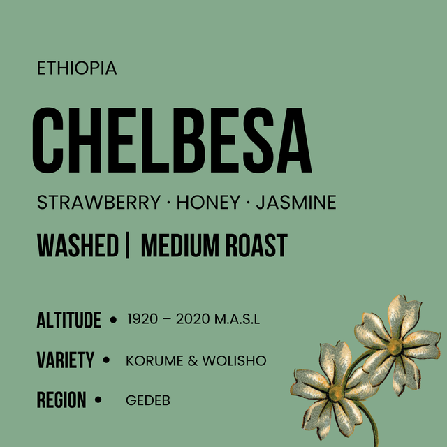 Front of Chelbesa coffee bag with large CHELBESA text and flower artwork and flavor notes
