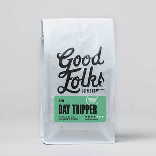 Day Tripper medium roast coffee bag from Good Folks Coffee with a green label