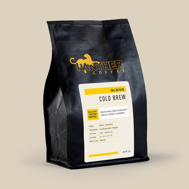 Panther Coffee Cold Brew blend bag featuring a yellow Panther logo and white label