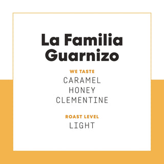 La Familia Guarnizo packaging label with bold text and an orange border