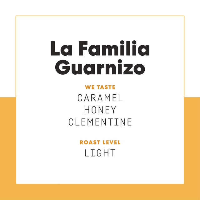 La Familia Guarnizo packaging label with bold text and an orange border