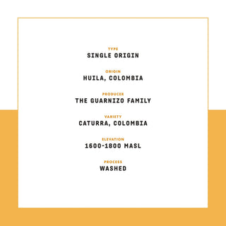 Single origin coffee label with origin Huila Colombia and orange accents on white background