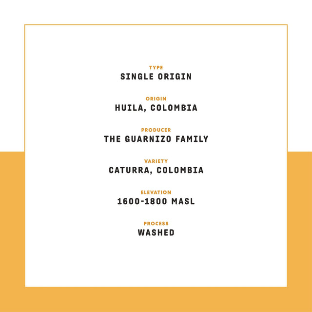 Single origin coffee label with origin Huila Colombia and orange accents on white background