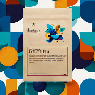 Colombia Wild Caturron coffee bag from Demitasse on a bright abstract background