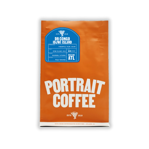 Orange Portrait Coffee bag with blue Congo Idjwi Island Washed label and bold branding