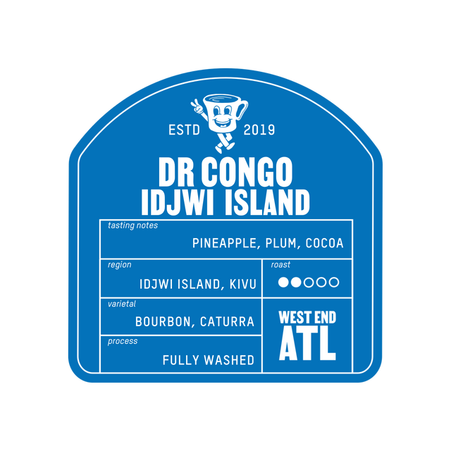 Blue DR CONGO IDJWI ISLAND coffee label with fully washed designation and tasting notes pineapple plum cocoa