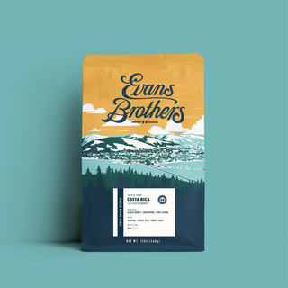 Partial view of a yellow coffee bag with mountains graphic against a teal background