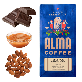 Essence espresso roast Alma Coffee packaging shown with dark chocolate pieces caramel and almonds